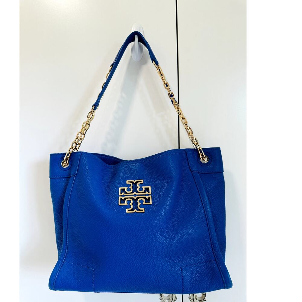 Tory Burch Britten Tote Bag in Bondi Blue Small Slouchy Size Chain Strap